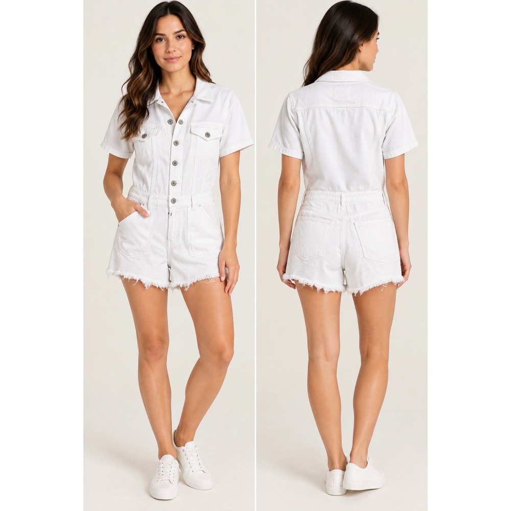 American Eagle White Denim Button Front Short Sleeve Romper Frayed Hem Small